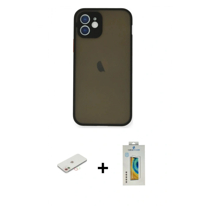 MARSİLYAN™- iPhone 12 Mini Kılıf Ahenk Çizgi Serisi - Siyah Polymer Nano Ekran Koruyucu + Renkli Kamera Lens Koruma Cam - YL