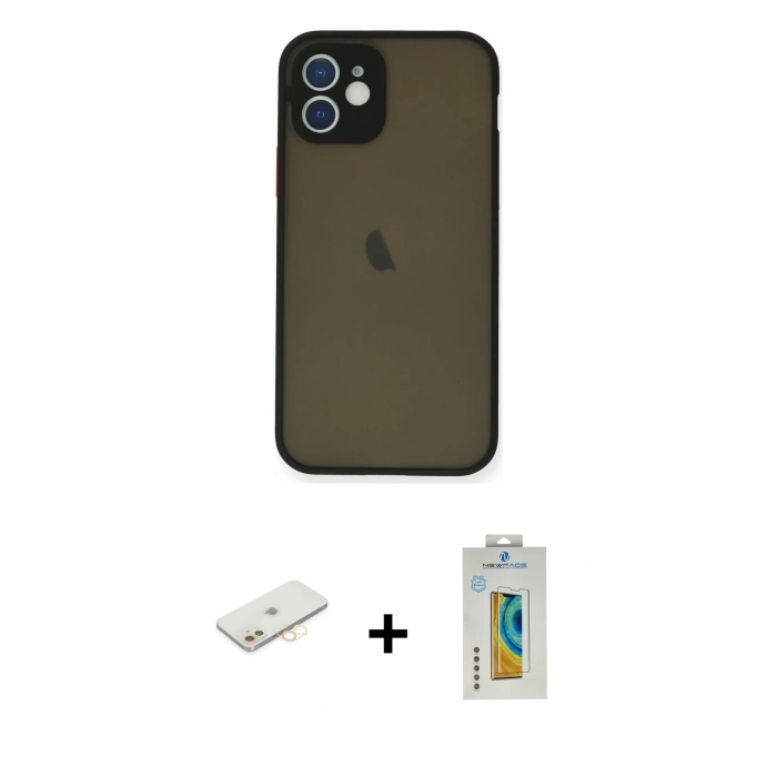 MARSİLYAN™- iPhone 12 Mini Kılıf Ahenk Çizgi Serisi - Siyah Polymer Nano Ekran Koruyucu + Renkli Kamera Lens Koruma Cam - SI