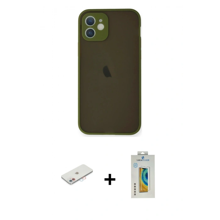 MARSİLYAN™- iPhone 12 Mini Kılıf Ahenk Çizgi Serisi - Siyah Polymer Nano Ekran Koruyucu + Renkli Kamera Lens Koruma Cam - PE