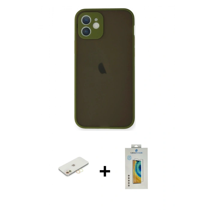 MARSİLYAN™- iPhone 12 Mini Kılıf Ahenk Çizgi Serisi - Siyah Polymer Nano Ekran Koruyucu + Renkli Kamera Lens Koruma Cam - SI