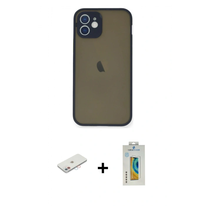 MARSİLYAN™- iPhone 12 Mini Kılıf Ahenk Çizgi Serisi - Siyah Polymer Nano Ekran Koruyucu + Renkli Kamera Lens Koruma Cam - PE