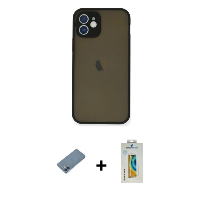 MARSİLYAN™- iPhone 12 Mini Kılıf Ahenk Çizgi Serisi - Siyah Polymer Nano Ekran Koruyucu + Shine Kamera Lens Koruma Cam - MI