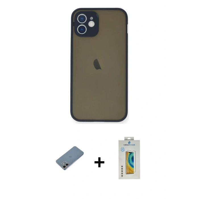 MARSİLYAN™- iPhone 12 Mini Kılıf Ahenk Çizgi Serisi - Siyah Polymer Nano Ekran Koruyucu + Shine Kamera Lens Koruma Cam - GI