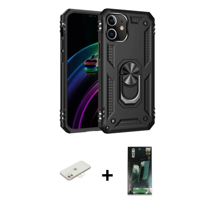 MARSİLYAN™- iPhone 12 Mini Kılıf Ahenk Klasik Koleksiyonu - Şeffaf 360 Full Body Arka Koruyucu + Renkli Kamera Lens Koruma Cam - SI