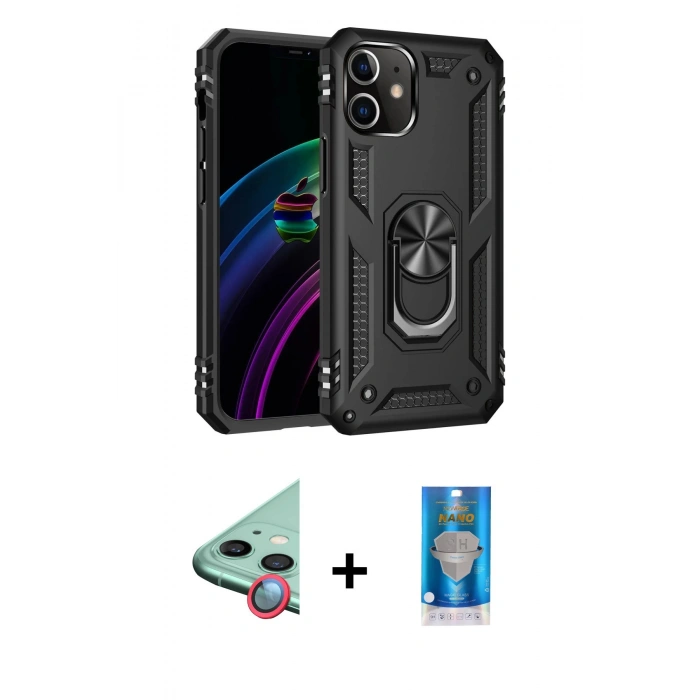 MARSİLYAN™- iPhone 12 Mini Kılıf Ahenk Klasik Koleksiyonu - Şeffaf Royal Nano Ekran Koruyucu + Raze Metal Kamera Lens - KI