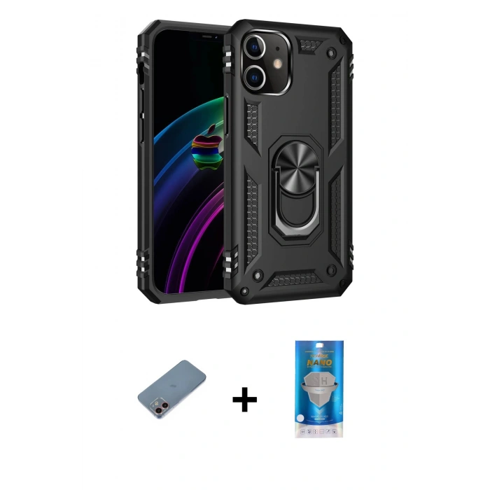 MARSİLYAN™- iPhone 12 Mini Kılıf Ahenk Klasik Koleksiyonu - Şeffaf Royal Nano Ekran Koruyucu + Shine Kamera Lens Koruma Cam - PE
