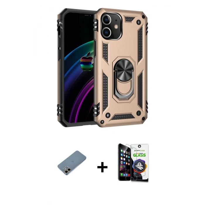 MARSİLYAN™- iPhone 12 Mini Kılıf Ahenk Klasik Koleksiyonu - Şeffaf Temperli Cam Ekran Koruyucu + Shine Kamera Lens Koruma Cam - GD
