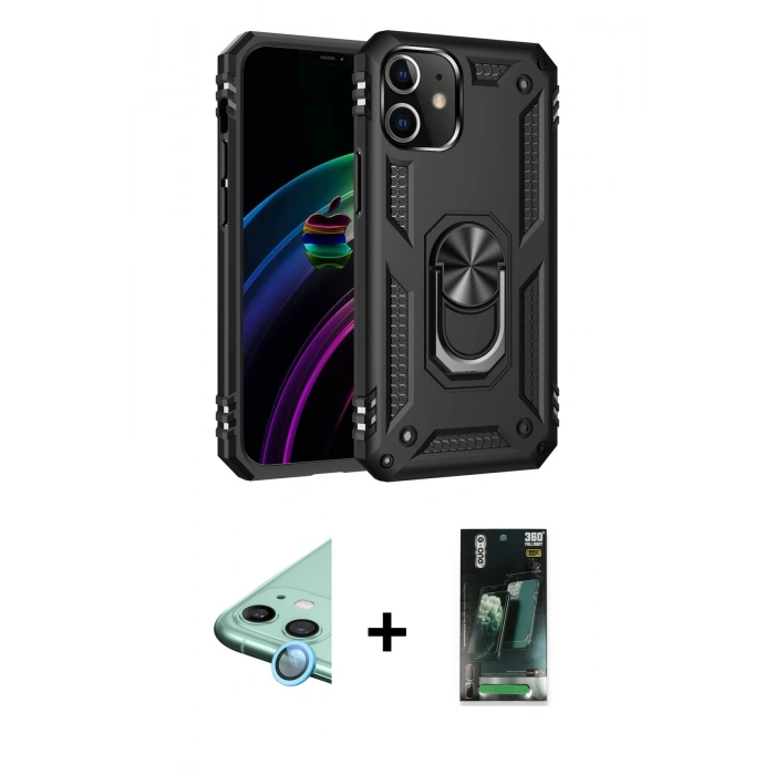 MARSİLYAN™- iPhone 12 Mini Kılıf Ahenk Klasik Koleksiyonu - Siyah 360 Mat Full Body Arka Koruyucu + Raze Metal Kamera Lens - MI