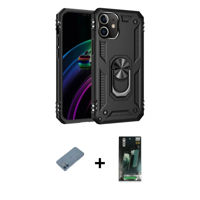 MARSİLYAN™- iPhone 12 Mini Kılıf Ahenk Klasik Koleksiyonu - Siyah 360 Mat Full Body Arka Koruyucu + Shine Kamera Lens Koruma Cam - MI