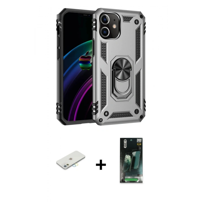 MARSİLYAN™- iPhone 12 Mini Kılıf Ahenk Klasik Koleksiyonu - Siyah 360 Mat Full Body Arka Koruyucu + Renkli Kamera Lens Koruma Cam - SI