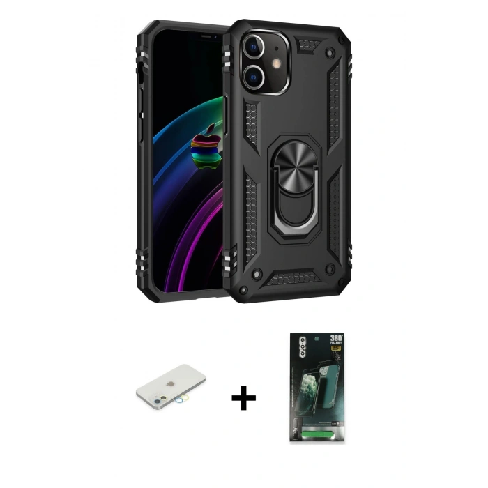 MARSİLYAN™- iPhone 12 Mini Kılıf Ahenk Klasik Koleksiyonu - Siyah 360 Mat Full Body Arka Koruyucu + Renkli Kamera Lens Koruma Cam - SI