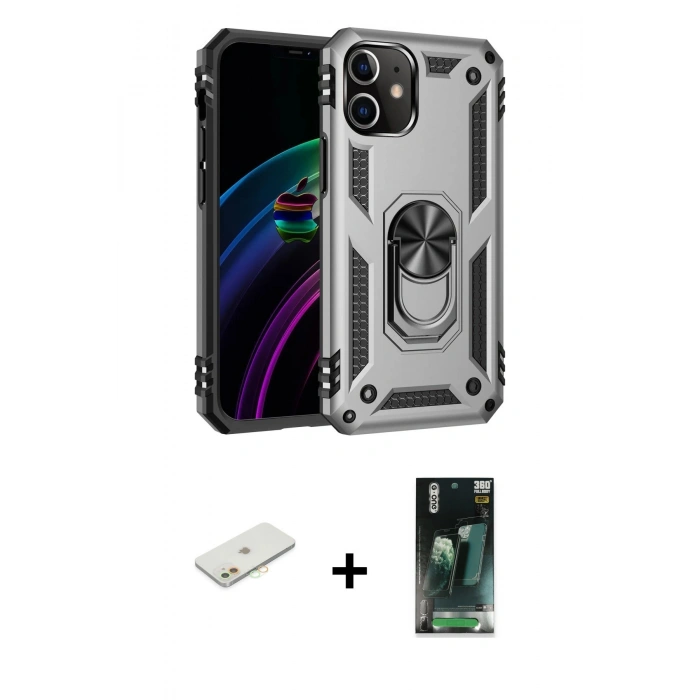 MARSİLYAN™- iPhone 12 Mini Kılıf Ahenk Klasik Koleksiyonu - Siyah 360 Mat Full Body Arka Koruyucu + Renkli Kamera Lens Koruma Cam - TU