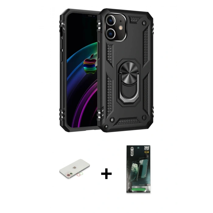 MARSİLYAN™- iPhone 12 Mini Kılıf Ahenk Klasik Koleksiyonu - Siyah 360 Mat Full Body Arka Koruyucu + Renkli Kamera Lens Koruma Cam - YL