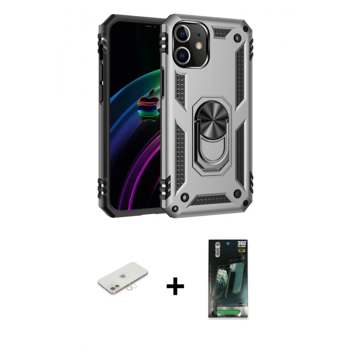 MARSİLYAN™- iPhone 12 Mini Kılıf Ahenk Klasik Koleksiyonu - Siyah 360 Mat Full Body Arka Koruyucu + Renkli Kamera Lens Koruma Cam - YL