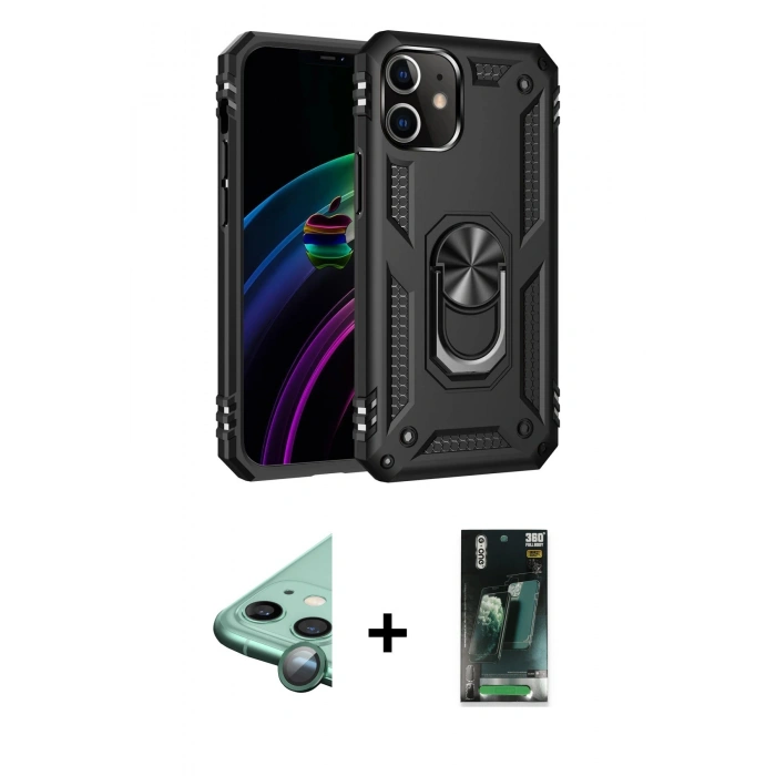 MARSİLYAN™- iPhone 12 Mini Kılıf Ahenk Klasik Koleksiyonu - Siyah 360 Mat Full Body Arka Koruyucu + Raze Metal Kamera Lens - YL