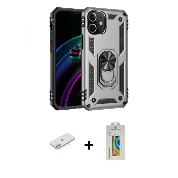 MARSİLYAN™- iPhone 12 Mini Kılıf Ahenk Klasik Koleksiyonu - Siyah Polymer Nano Ekran Koruyucu + Renkli Kamera Lens Koruma Cam - PE