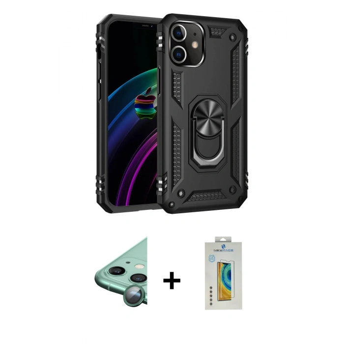 MARSİLYAN™- iPhone 12 Mini Kılıf Ahenk Klasik Koleksiyonu - Siyah Polymer Nano Ekran Koruyucu + Yeşil Raze Metal Kamera Lens