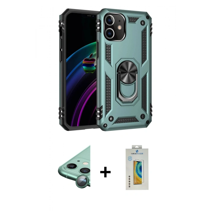 MARSİLYAN™- iPhone 12 Mini Kılıf Ahenk Klasik Koleksiyonu - Siyah Polymer Nano Ekran Koruyucu + Yeşil Raze Metal Kamera Lens