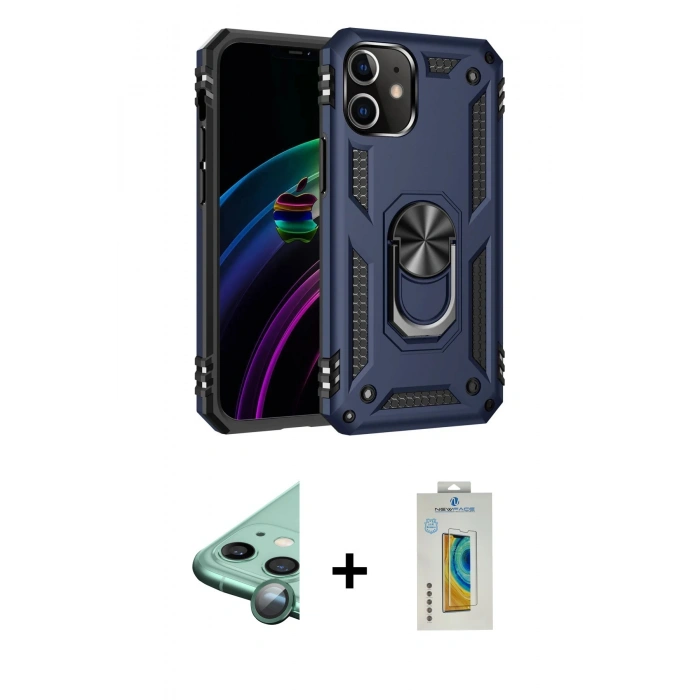 MARSİLYAN™- iPhone 12 Mini Kılıf Ahenk Klasik Koleksiyonu - Siyah Polymer Nano Ekran Koruyucu + Yeşil Raze Metal Kamera Lens