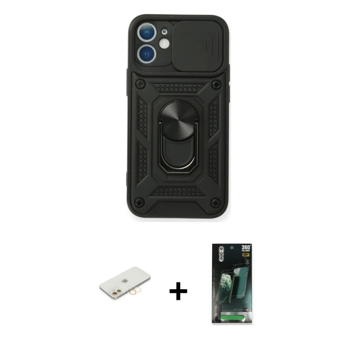 MARSİLYAN™- iPhone 12 Mini Kılıf Ahenk Klasik - Şeffaf 360 Full Body Arka Koruyucu + Renkli Kamera Lens Koruma Cam - SI