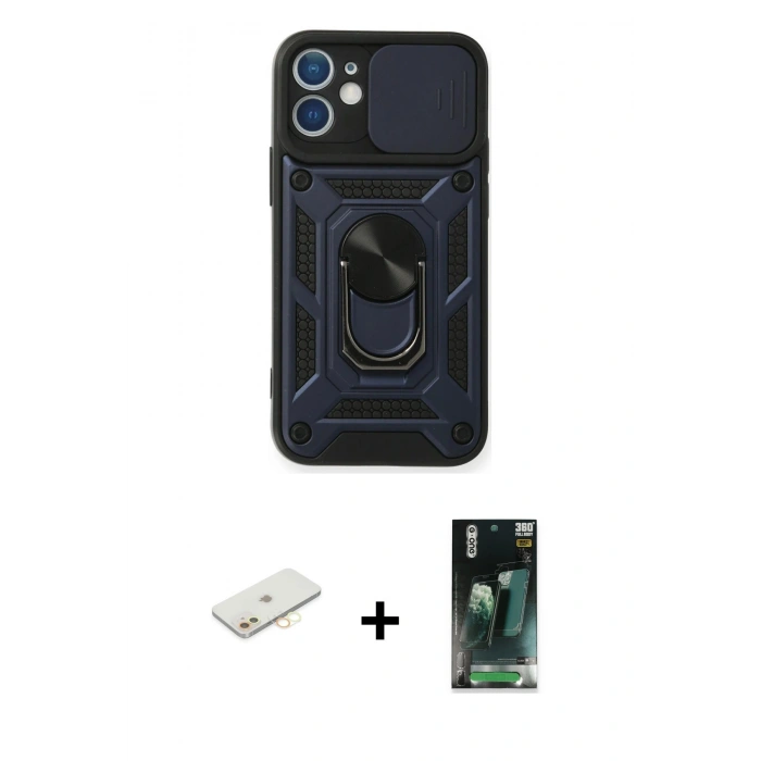 MARSİLYAN™- iPhone 12 Mini Kılıf Ahenk Klasik - Şeffaf 360 Full Body Arka Koruyucu + Renkli Kamera Lens Koruma Cam - SI
