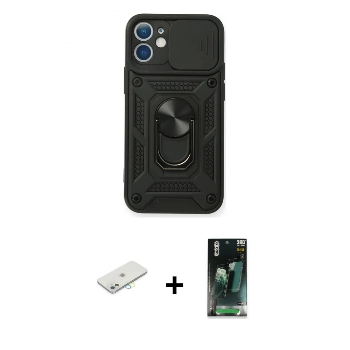 MARSİLYAN™- iPhone 12 Mini Kılıf Ahenk Klasik - Şeffaf 360 Full Body Arka Koruyucu + Sarı Renkli Kamera Lens Koruma Cam