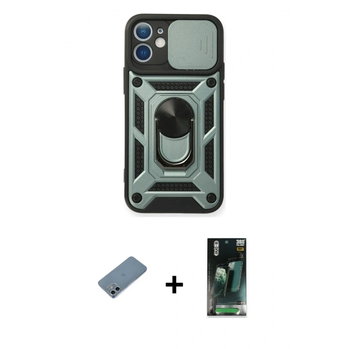 MARSİLYAN™- iPhone 12 Mini Kılıf Ahenk Klasik - Şeffaf 360 Full Body Arka Koruyucu + Sierra Blue Shine Kamera Lens Koruma Cam
