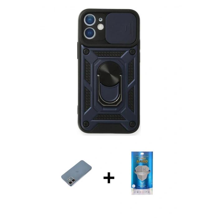 MARSİLYAN™- iPhone 12 Mini Kılıf Ahenk Klasik - Şeffaf Royal Nano Ekran Koruyucu + Shine Kamera Lens Koruma Cam - GI