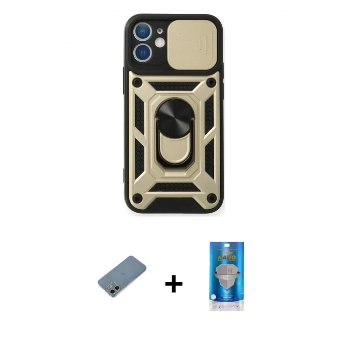 MARSİLYAN™- iPhone 12 Mini Kılıf Ahenk Klasik - Şeffaf Royal Nano Ekran Koruyucu + Shine Kamera Lens Koruma Cam - GI