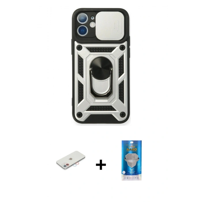 MARSİLYAN™- iPhone 12 Mini Kılıf Ahenk Klasik - Şeffaf Royal Nano Ekran Koruyucu + Renkli Kamera Lens Koruma Cam - PE