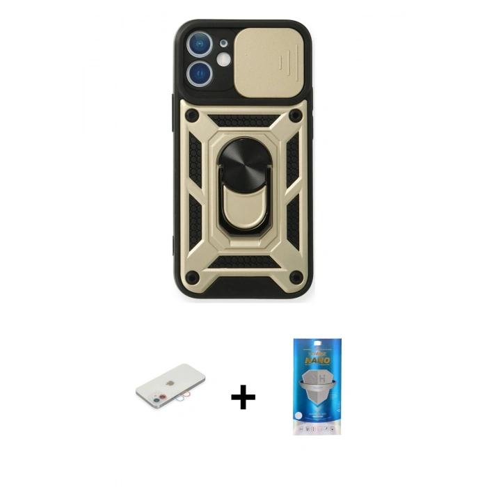 MARSİLYAN™- iPhone 12 Mini Kılıf Ahenk Klasik - Şeffaf Royal Nano Ekran Koruyucu + Renkli Kamera Lens Koruma Cam - PE