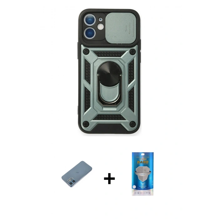 MARSİLYAN™- iPhone 12 Mini Kılıf Ahenk Klasik - Şeffaf Royal Nano Ekran Koruyucu + Shine Kamera Lens Koruma Cam - MI