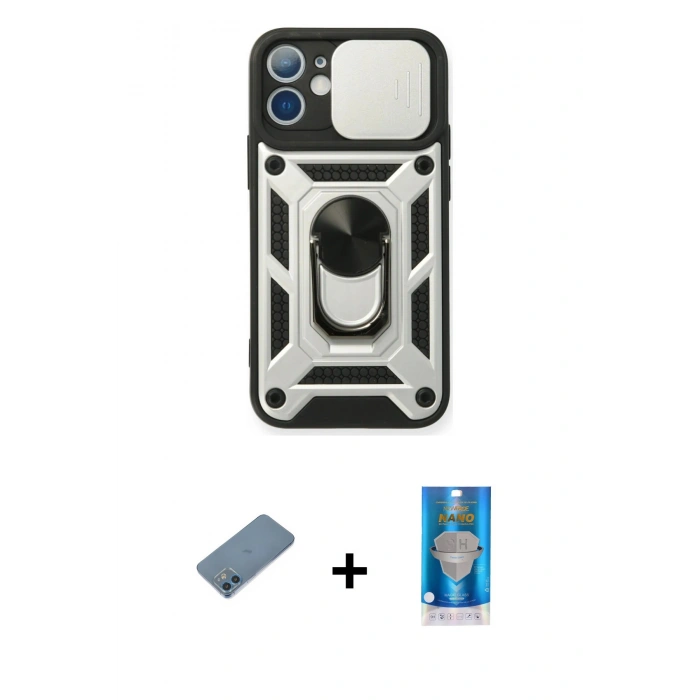 MARSİLYAN™- iPhone 12 Mini Kılıf Ahenk Klasik - Şeffaf Royal Nano Ekran Koruyucu + Shine Kamera Lens Koruma Cam - MI