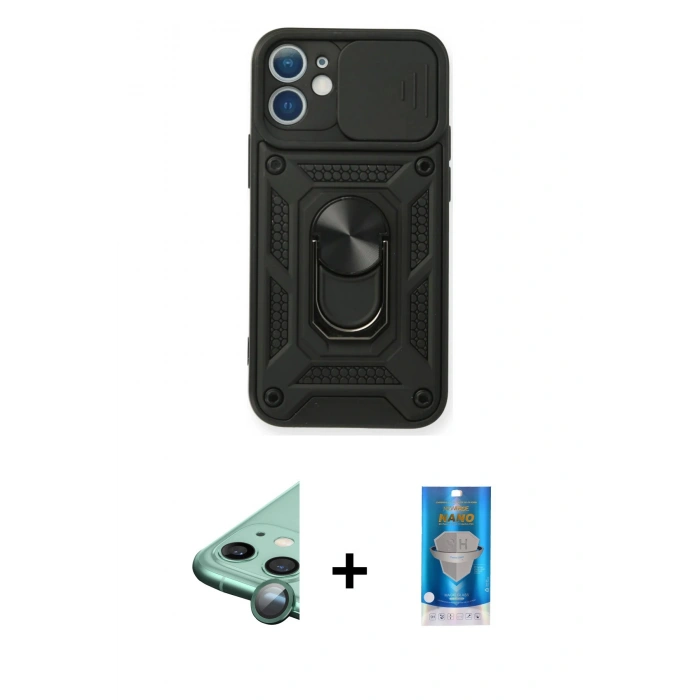 MARSİLYAN™- iPhone 12 Mini Kılıf Ahenk Klasik - Şeffaf Royal Nano Ekran Koruyucu + Raze Metal Kamera Lens - YL