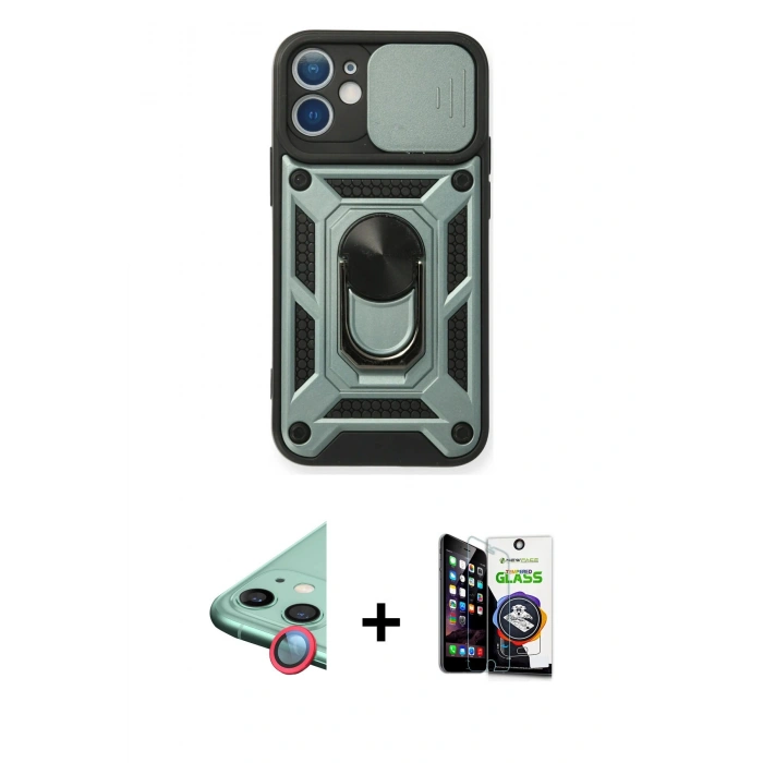 MARSİLYAN™- iPhone 12 Mini Kılıf Ahenk Klasik - Şeffaf Temperli Cam Ekran Koruyucu + Raze Metal Kamera Lens - KI