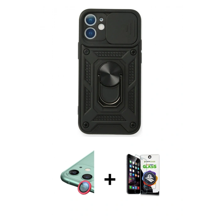 MARSİLYAN™- iPhone 12 Mini Kılıf Ahenk Klasik - Şeffaf Temperli Cam Ekran Koruyucu + Raze Metal Kamera Lens - KI