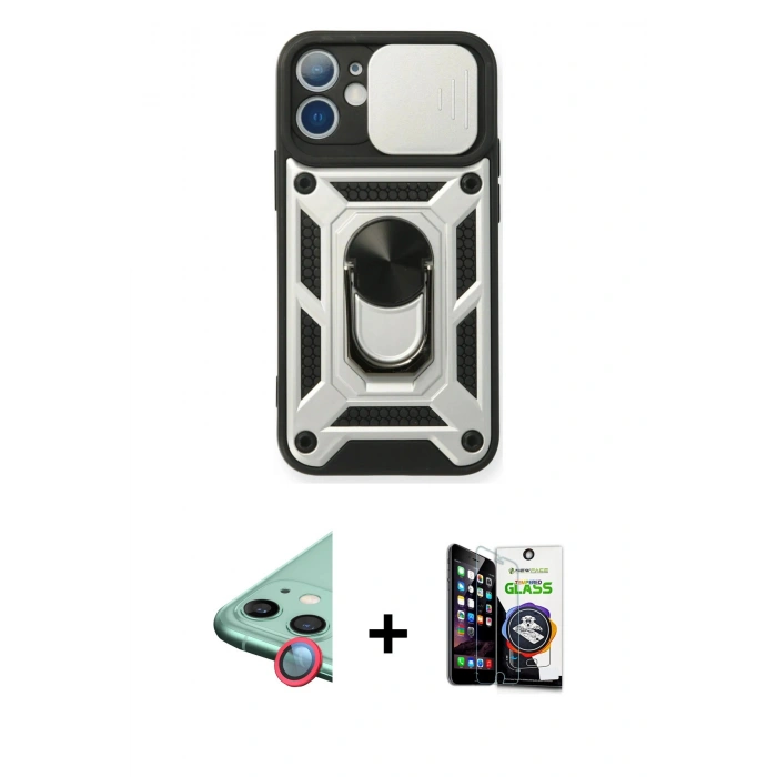 MARSİLYAN™- iPhone 12 Mini Kılıf Ahenk Klasik - Şeffaf Temperli Cam Ekran Koruyucu + Raze Metal Kamera Lens - KI