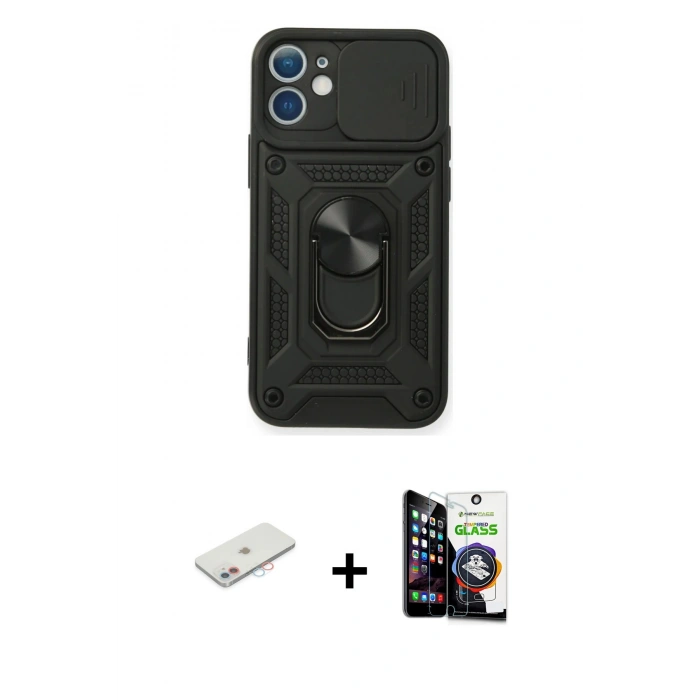 MARSİLYAN™- iPhone 12 Mini Kılıf Ahenk Klasik - Şeffaf Temperli Cam Ekran Koruyucu + Renkli Kamera Lens Koruma Cam - PE
