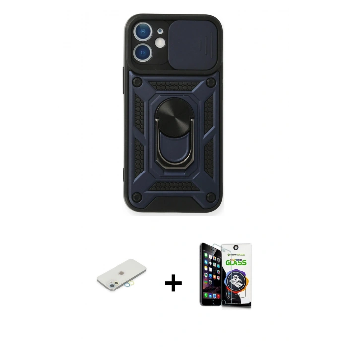MARSİLYAN™- iPhone 12 Mini Kılıf Ahenk Klasik - Şeffaf Temperli Cam Ekran Koruyucu + Renkli Kamera Lens Koruma Cam - SI