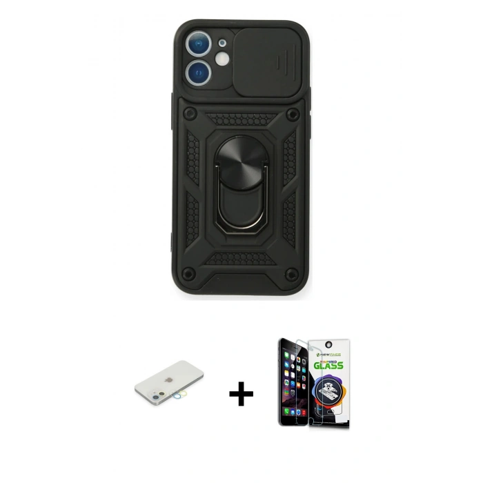 MARSİLYAN™- iPhone 12 Mini Kılıf Ahenk Klasik - Şeffaf Temperli Cam Ekran Koruyucu + Renkli Kamera Lens Koruma Cam - SI