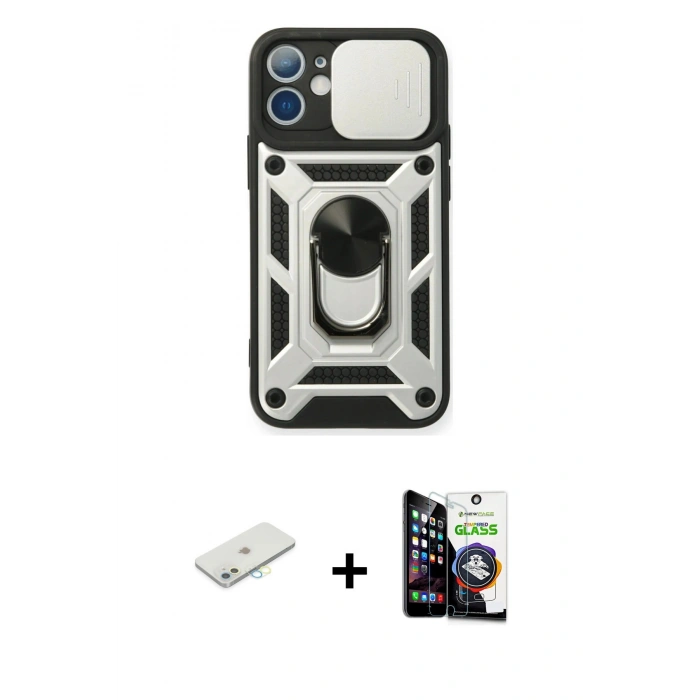 MARSİLYAN™- iPhone 12 Mini Kılıf Ahenk Klasik - Şeffaf Temperli Cam Ekran Koruyucu + Renkli Kamera Lens Koruma Cam - SI
