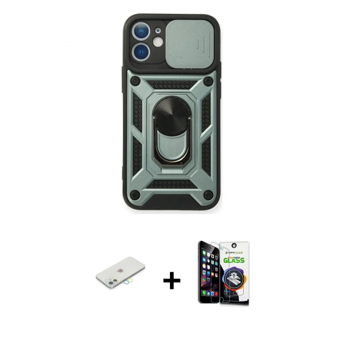 MARSİLYAN™- iPhone 12 Mini Kılıf Ahenk Klasik - Şeffaf Temperli Cam Ekran Koruyucu + Renkli Kamera Lens Koruma Cam - SI