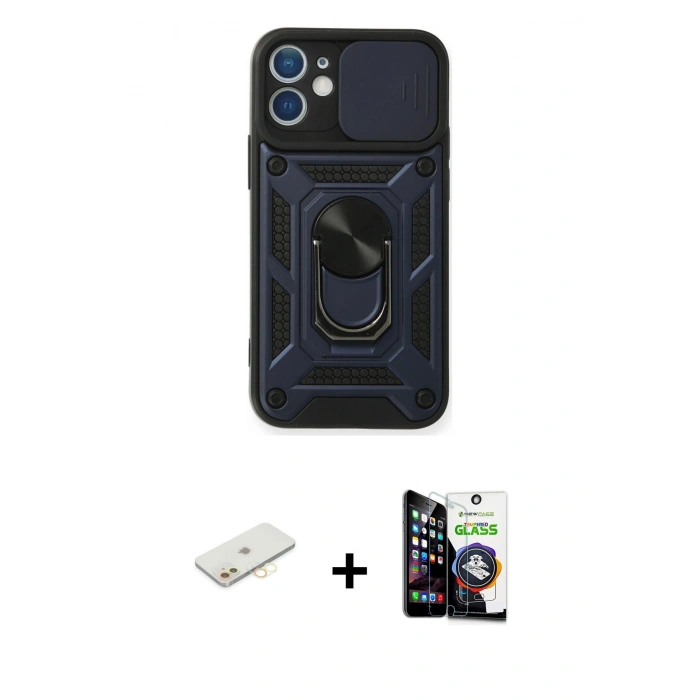 MARSİLYAN™- iPhone 12 Mini Kılıf Ahenk Klasik - Şeffaf Temperli Cam Ekran Koruyucu + Renkli Kamera Lens Koruma Cam - SI