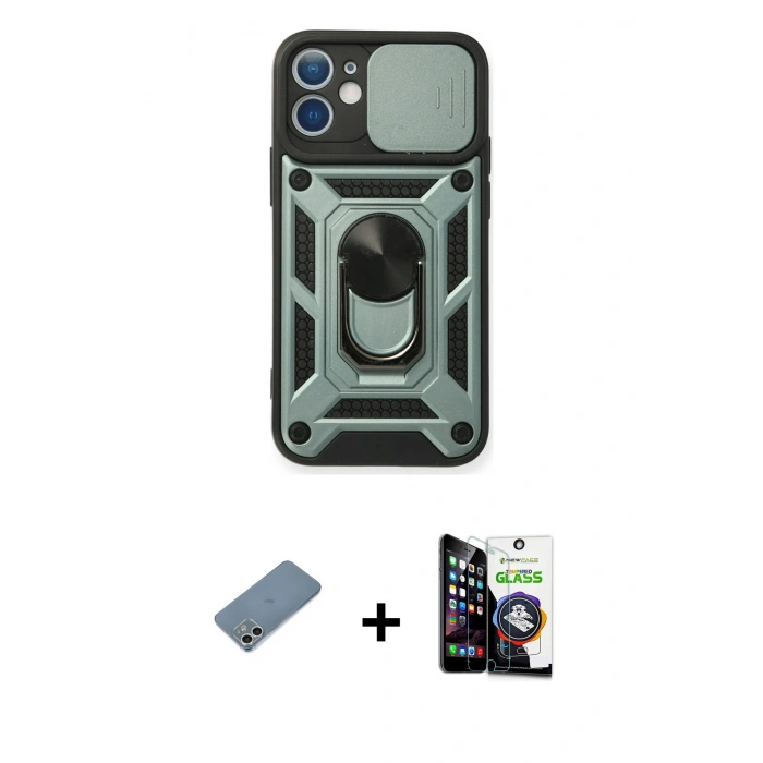 MARSİLYAN™- iPhone 12 Mini Kılıf Ahenk Klasik - Şeffaf Temperli Cam Ekran Koruyucu + Shine Kamera Lens Koruma Cam - GS