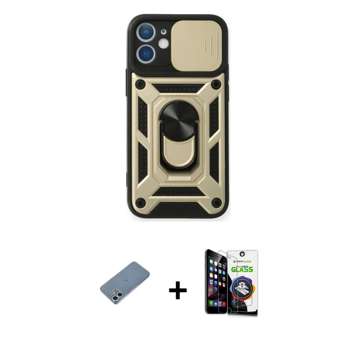 MARSİLYAN™- iPhone 12 Mini Kılıf Ahenk Klasik - Şeffaf Temperli Cam Ekran Koruyucu + Shine Kamera Lens Koruma Cam - GS