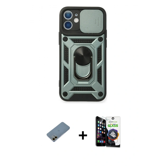 MARSİLYAN™- iPhone 12 Mini Kılıf Ahenk Klasik - Şeffaf Temperli Cam Ekran Koruyucu + Shine Kamera Lens Koruma Cam - GD