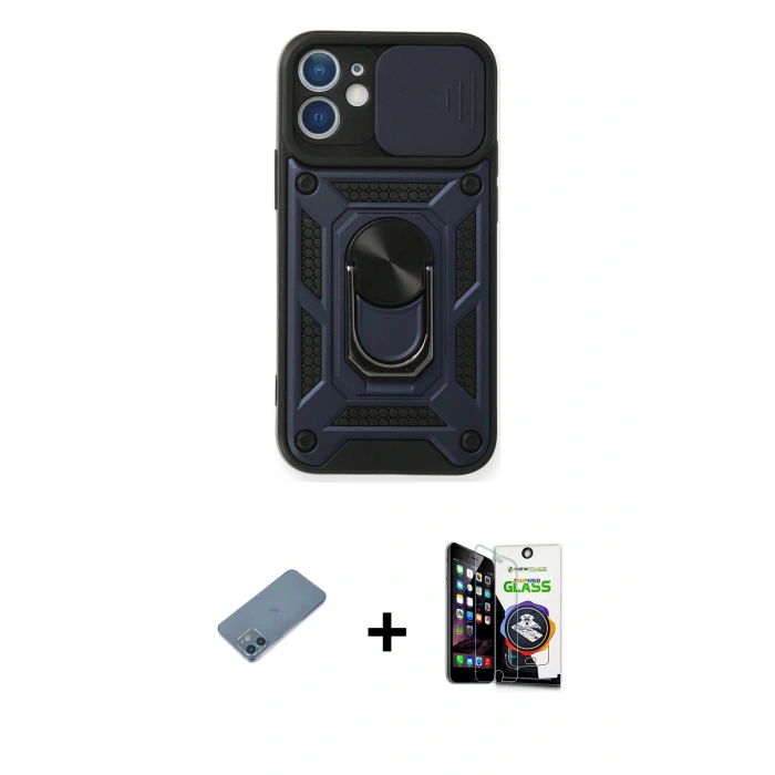 MARSİLYAN™- iPhone 12 Mini Kılıf Ahenk Klasik - Şeffaf Temperli Cam Ekran Koruyucu + Shine Kamera Lens Koruma Cam - MI