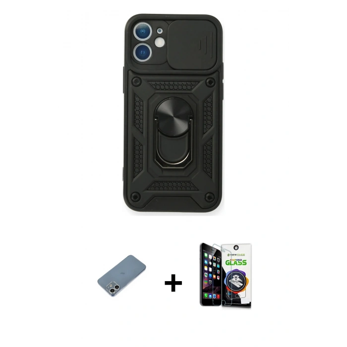 MARSİLYAN™- iPhone 12 Mini Kılıf Ahenk Klasik - Şeffaf Temperli Cam Ekran Koruyucu + Shine Kamera Lens Koruma Cam - GS
