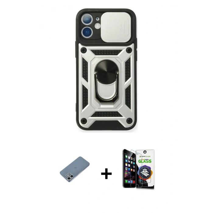 MARSİLYAN™- iPhone 12 Mini Kılıf Ahenk Klasik - Şeffaf Temperli Cam Ekran Koruyucu + Shine Kamera Lens Koruma Cam - GS