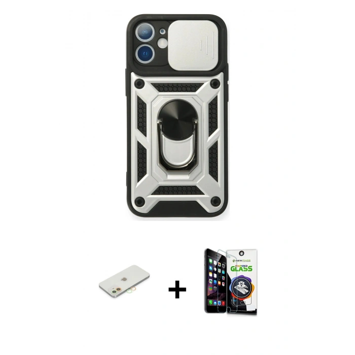 MARSİLYAN™- iPhone 12 Mini Kılıf Ahenk Klasik - Şeffaf Temperli Cam Ekran Koruyucu + Renkli Kamera Lens Koruma Cam - TU